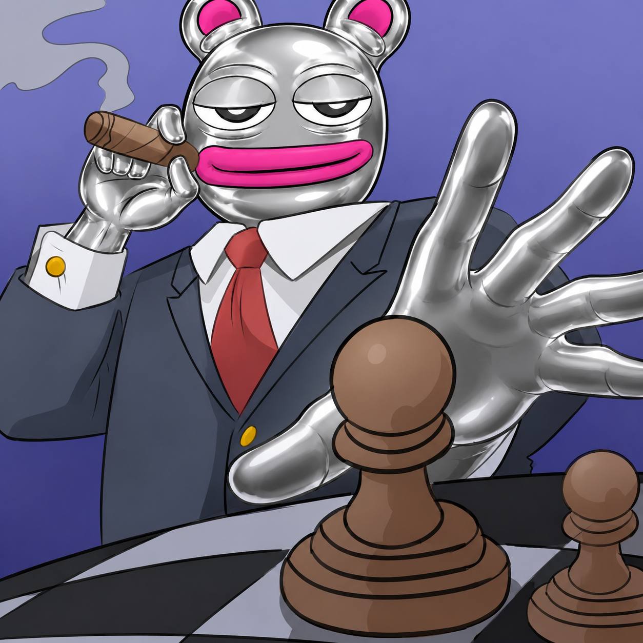 Prett in a suit moving a chess piece