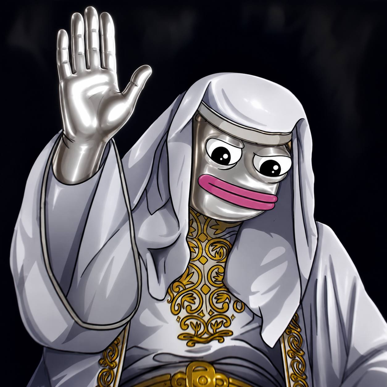 Prett in white robes raising a chrome hand